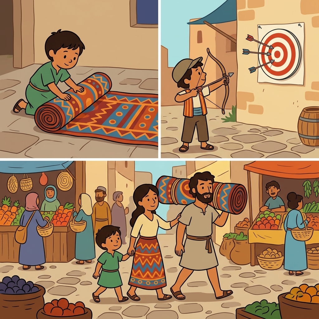 The children rolled up the carpet, aimed at the target, and carried it to the market.