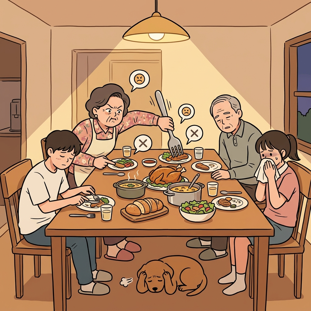 그녀는 음식마다 트집을 잡아서 저녁 분위기를 망쳤다.