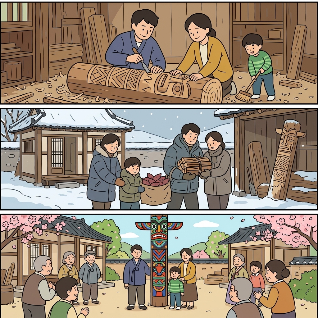 The family carved a totem, survived instead of starving, and preserved their tradition.