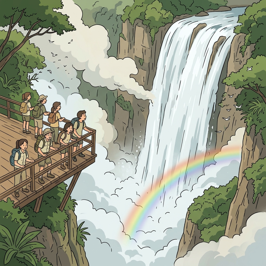 Tourists gasp as the massive cataract thunders down the cliff into the misty gorge below.