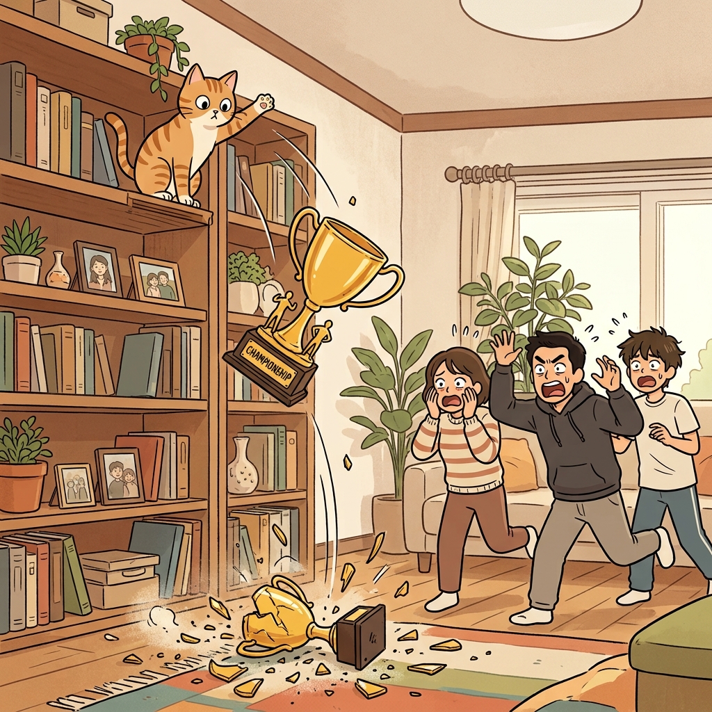 The cat caused a catastrophe by knocking an irreplaceable trophy off the shelf. (Cat + trophy → catastrophe)