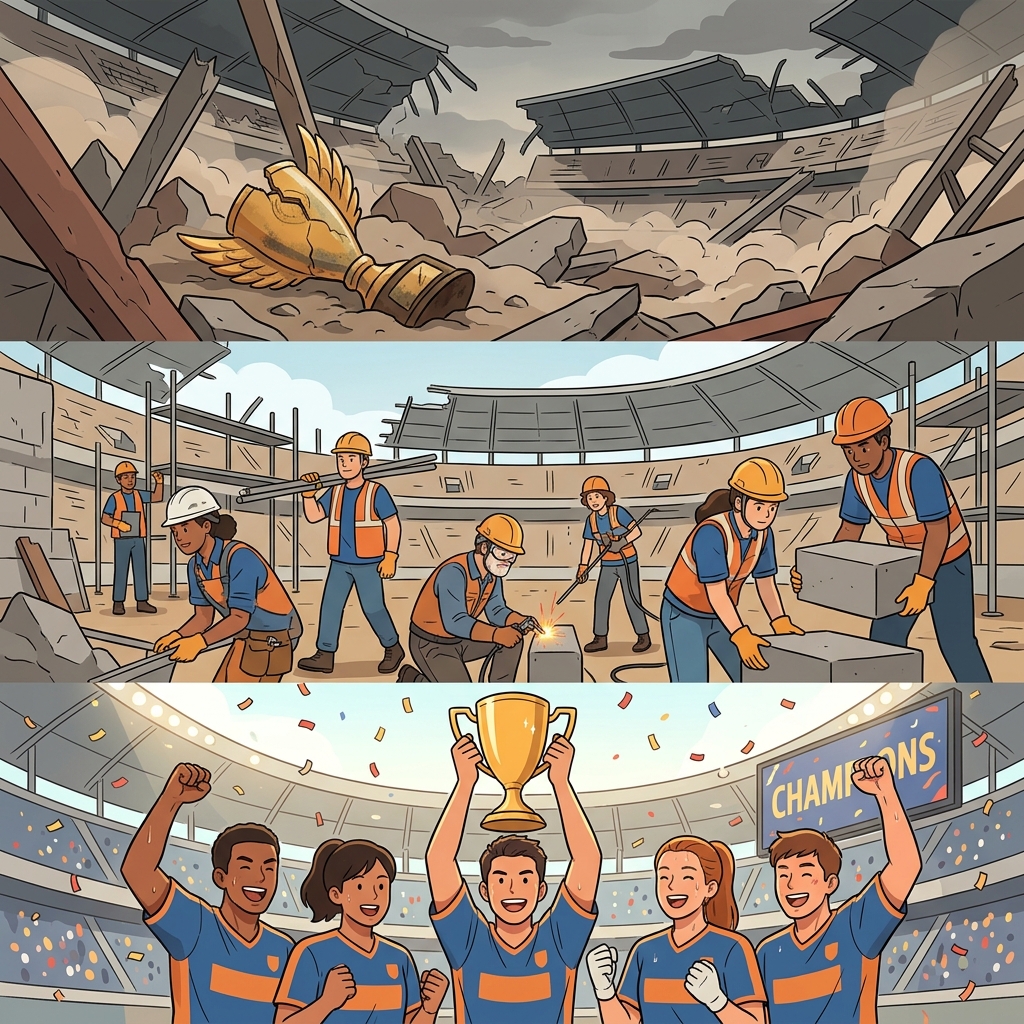 The catastrophe destroyed the championship trophy, but rebuilding together became the team's greatest victory.
