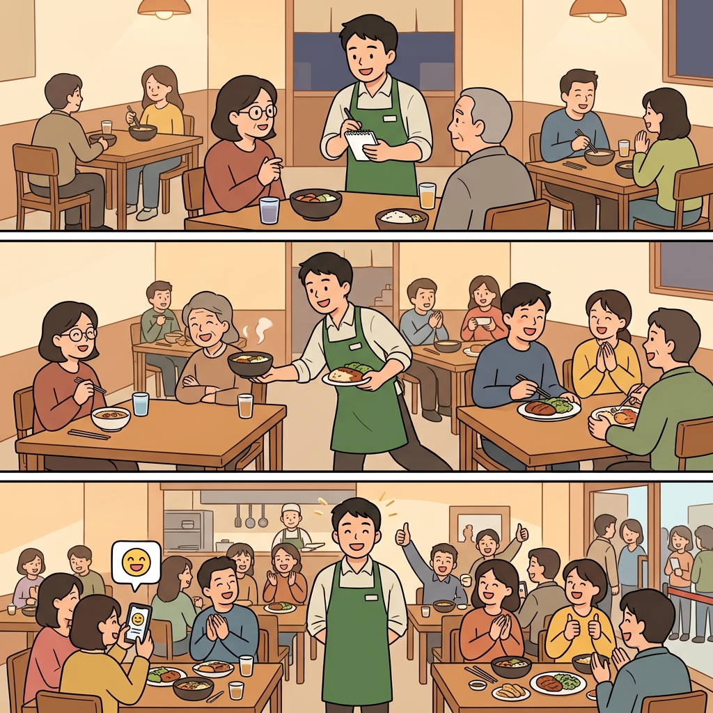 웨이터는 모든 손님의 요구를 세심하게 맞춰 주었고, 고객 만족은 더욱 커졌다.