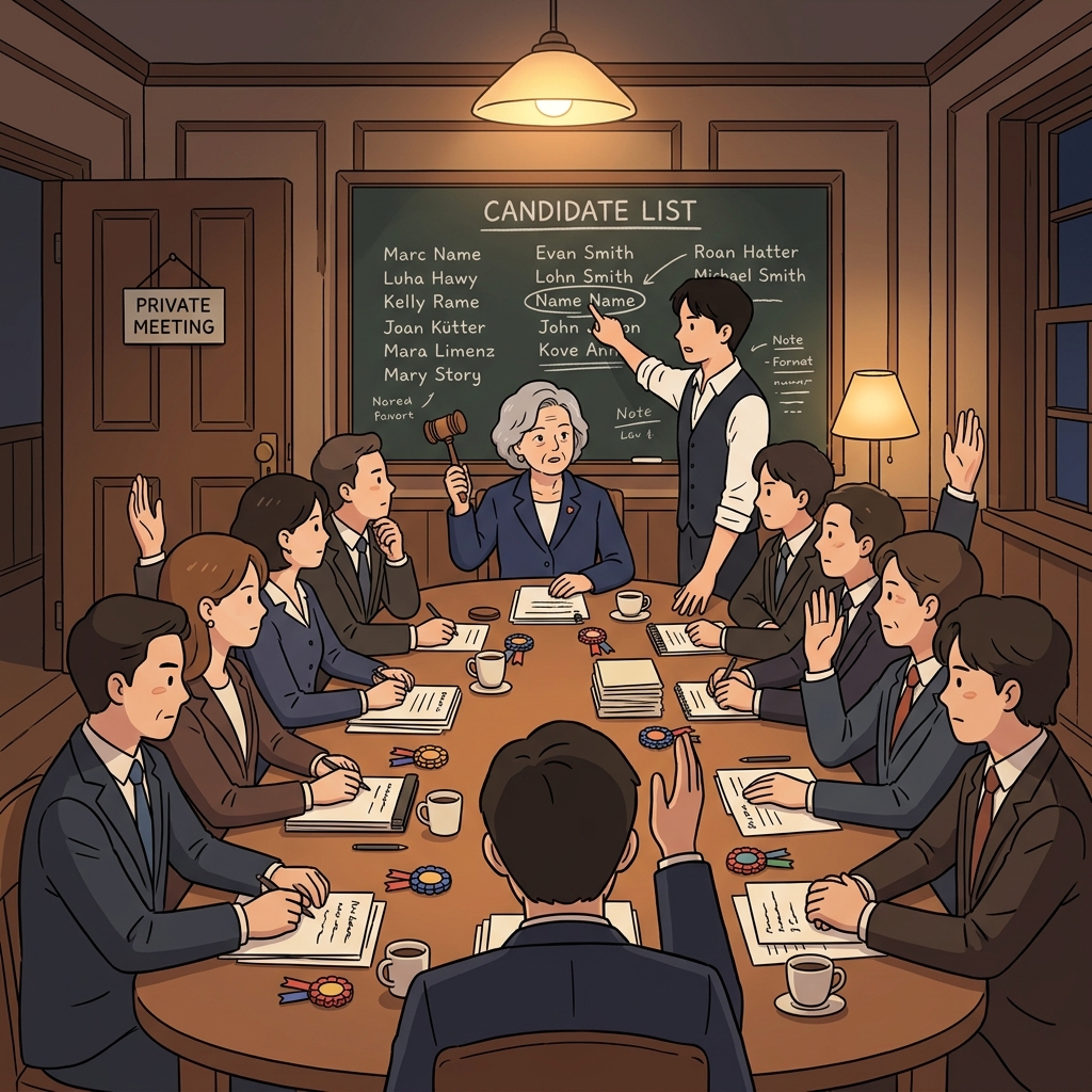 Party members gather in a private caucus to choose their next candidate.