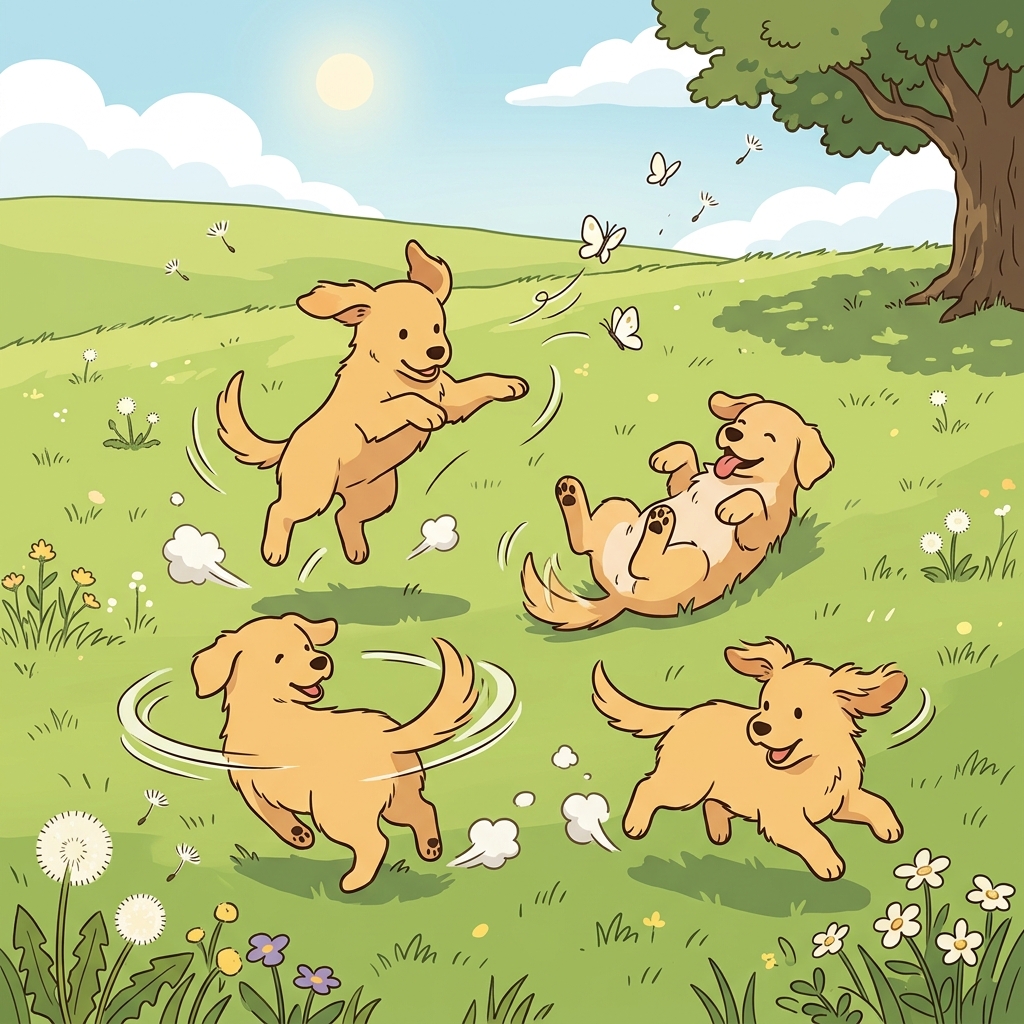 The puppies cavort wildly across the sunny meadow, tumbling over each other.