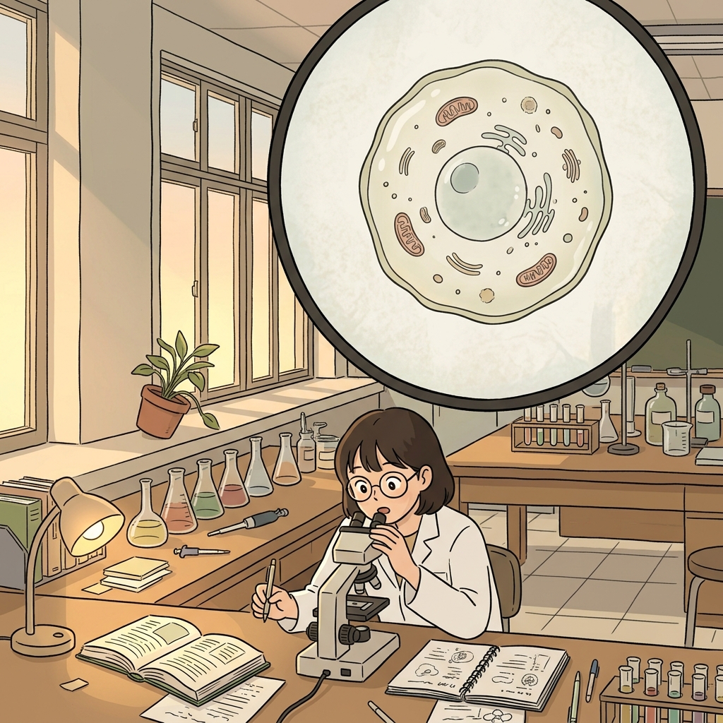 Under the microscope, a single cell pulses with tiny inner activity.