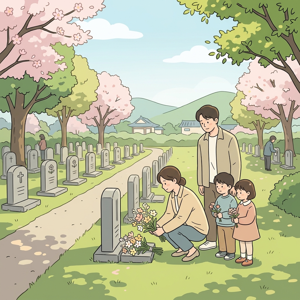 가족은 공동묘지에 새 꽃을 놓고 추모했다.