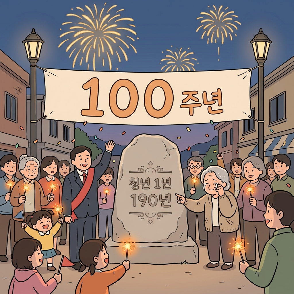 마을 사람들이 창립 100주년을 기념하려 광장에 다 모였다.
