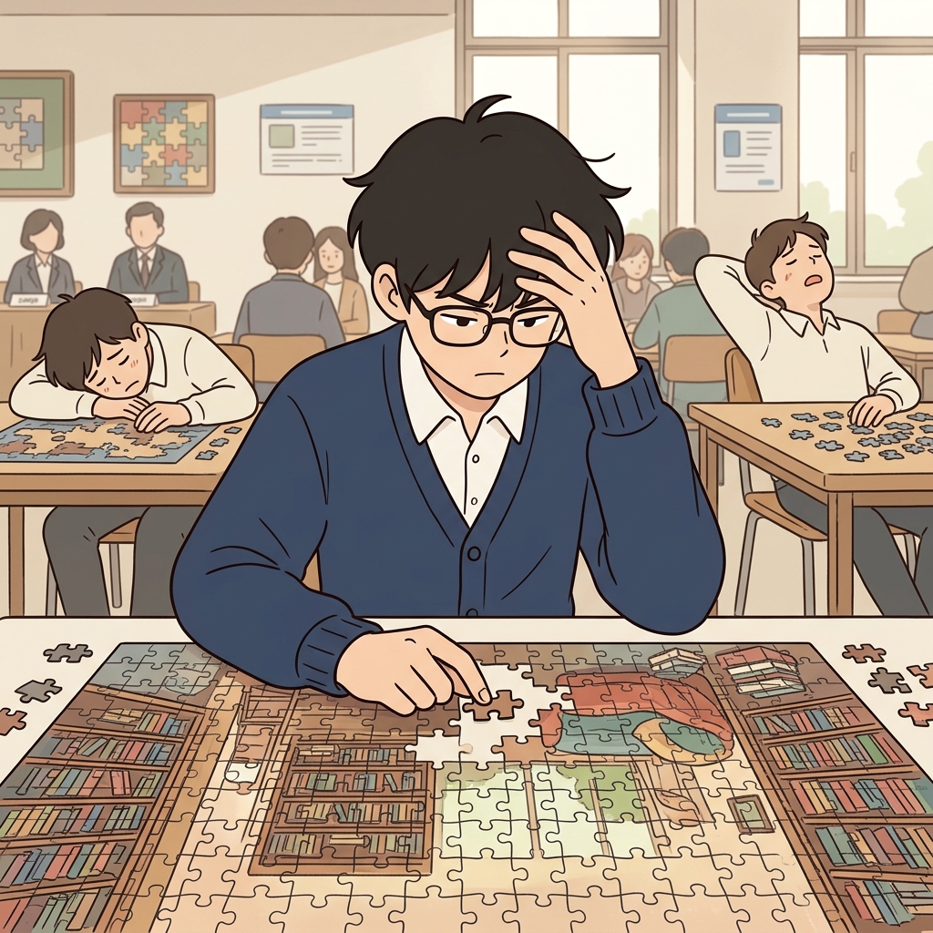 그의 지적인 사고는 가장 어려운 퍼즐도 풀게 했다. ("세게 Brain!'" → 머리를 세게 쓰는 사람)
