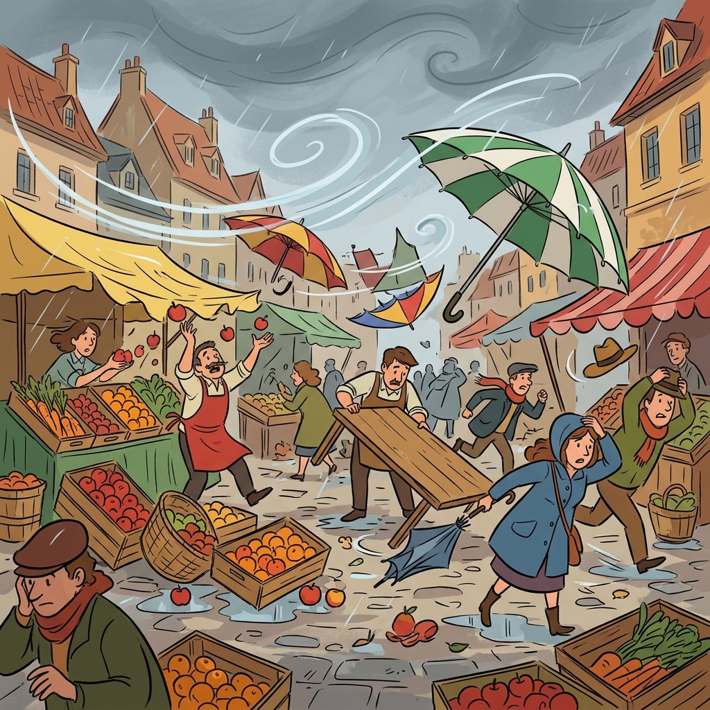The sudden storm threw the outdoor market into chaos.