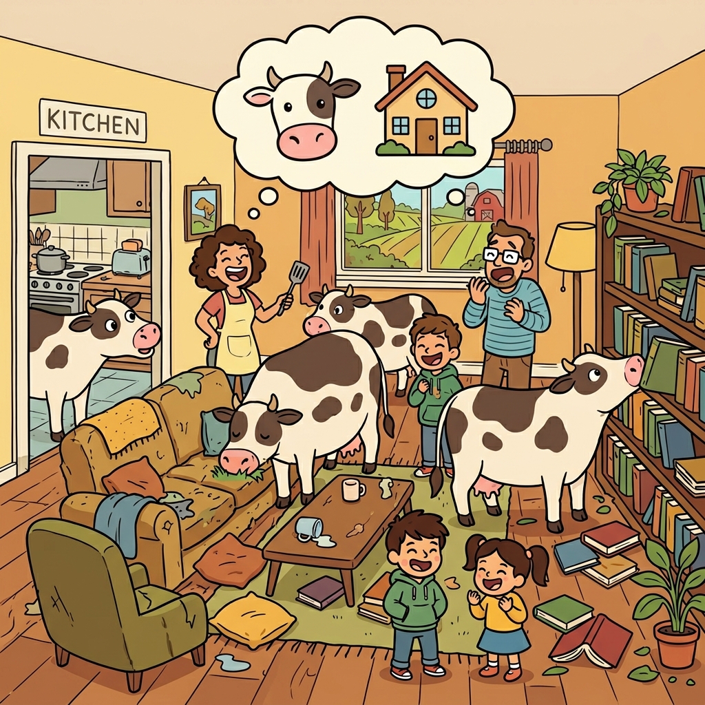 The cows running through the house created complete chaos. (COW + HOUSE → cows running inside a house create chaos)