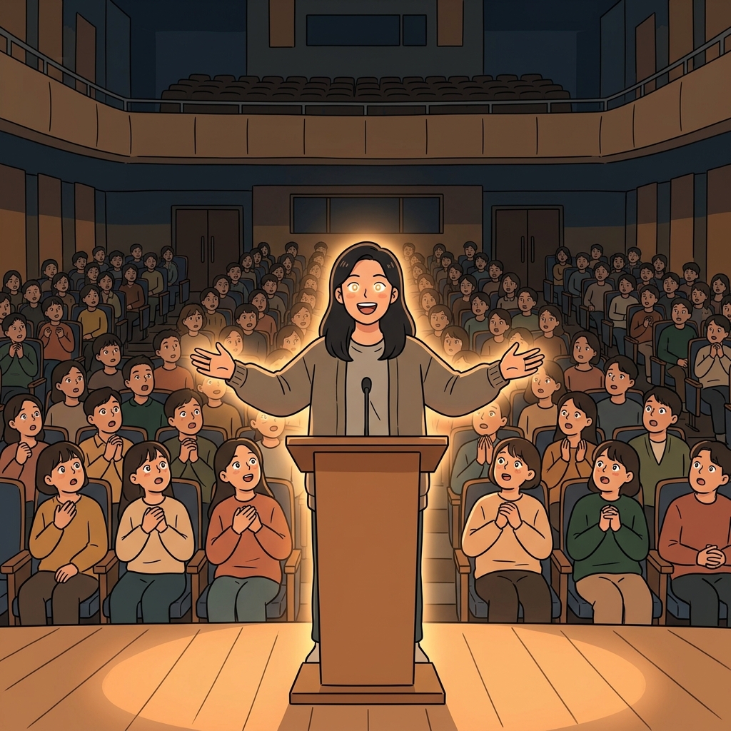The speaker's charisma pulled every eye in the room toward the stage.