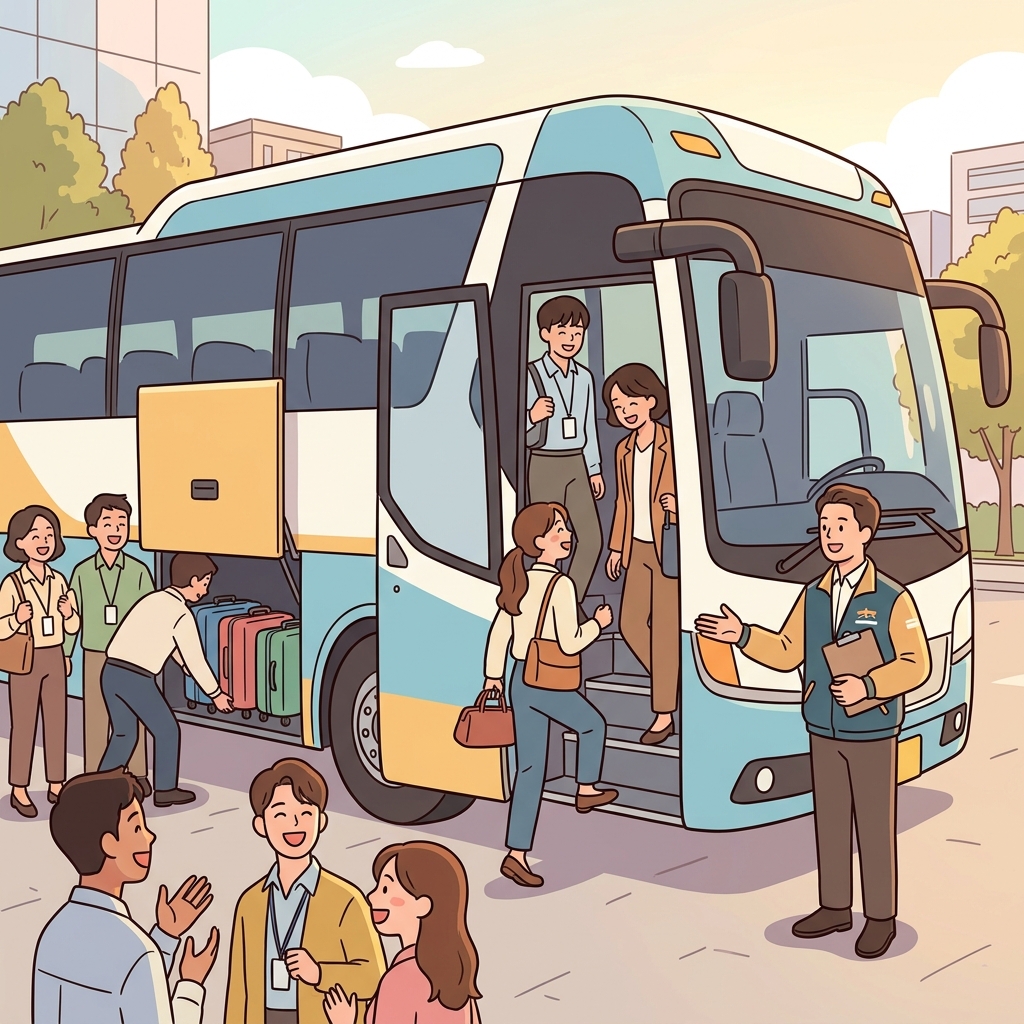 사람들은 "차 타!"라고 외쳤고, 회사는 단체 여행을 위해 버스를 전세(charter) 냈다.