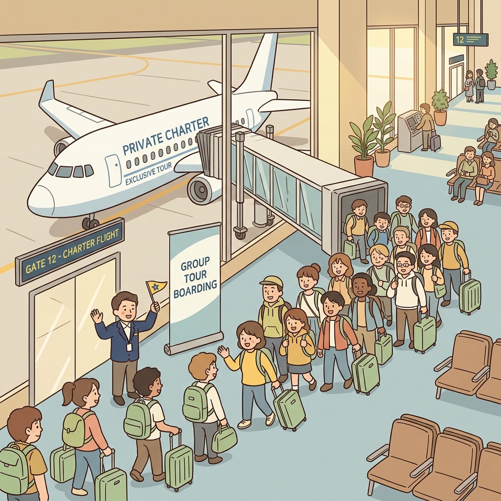 The travel company chartered an entire airplane for the international tour group. (think of a charter flight → an airplane rented exclusively for one group)