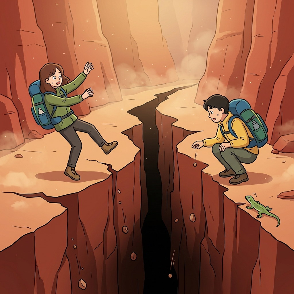 A deep chasm splits the canyon floor, separating two stunned hikers.