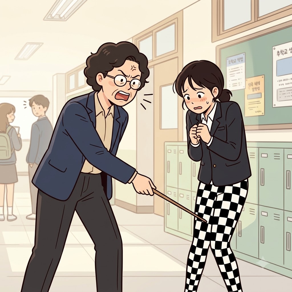 "체스(chas) 타이즈(tise)를 입고 오다니!" 엄격한 선생님은 학교에 우스꽝스러운 흑백 체크무늬 타이즈를 입고 온 학생을 심하게 꾸짖었다(chastise).