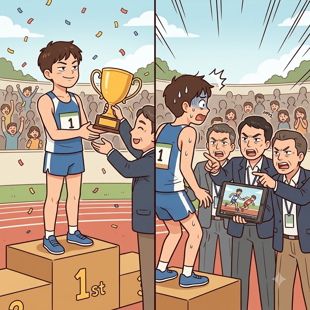 Expecting to proudly receive a gold prize, the cheating runner was shocked when the judges decided to fiercely chastise him instead.