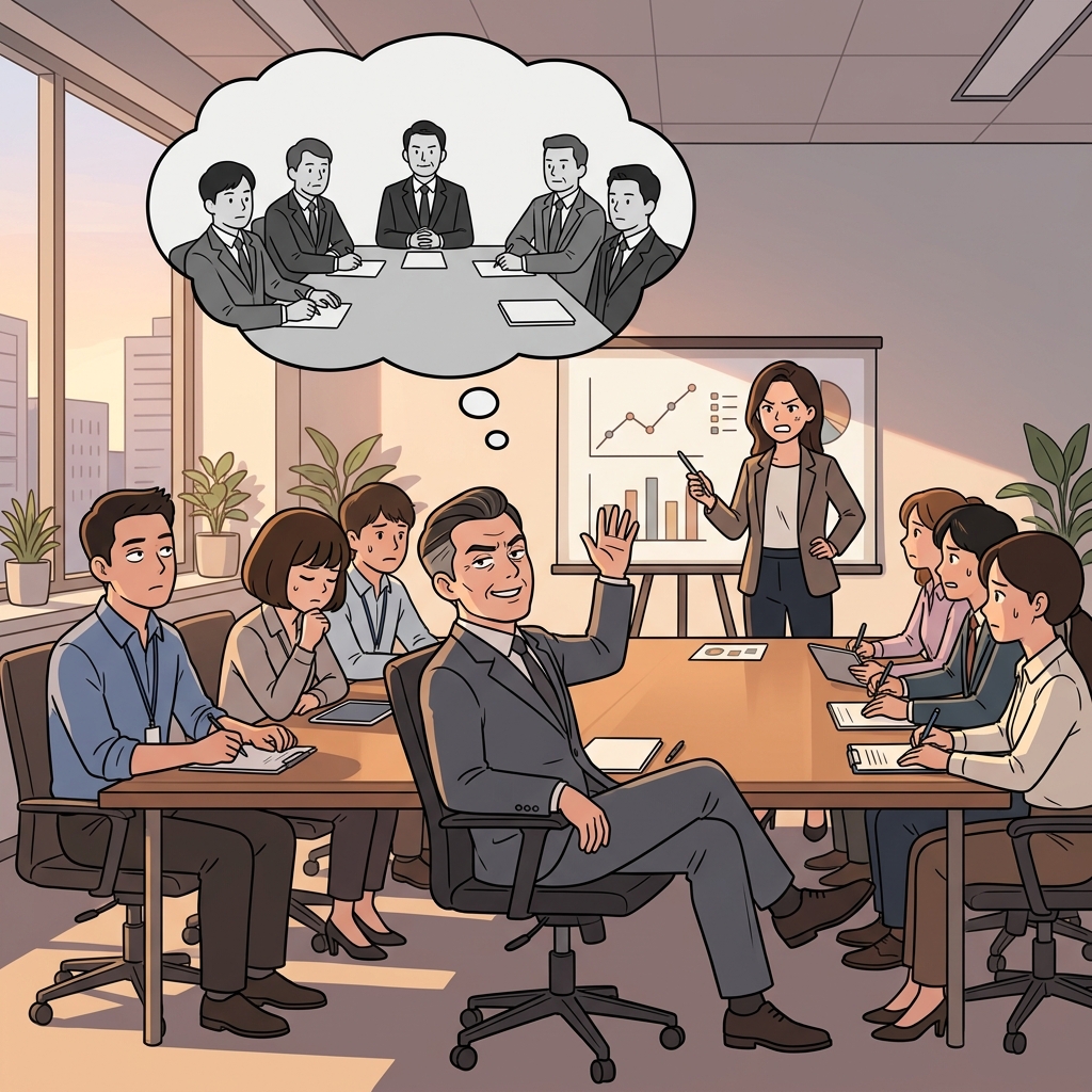 The chauvinist boss dismisses his female colleague's brilliant proposal without even listening.
