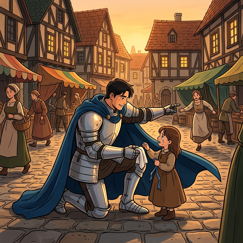 The chivalrous knight kneels to help a lost child find her mother.