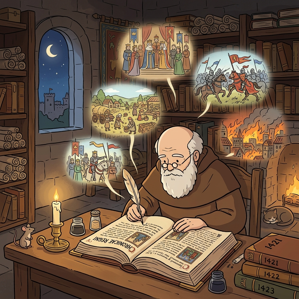 The monk carefully chronicles each event of the kingdom in his thick leather book.
