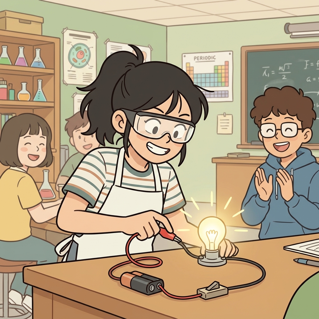 학생이 실험 키트(kit)를 연결하자 전구에 불이 켜졌고, 선생님은 "서, 키트!"라고 웃으며 말했다.