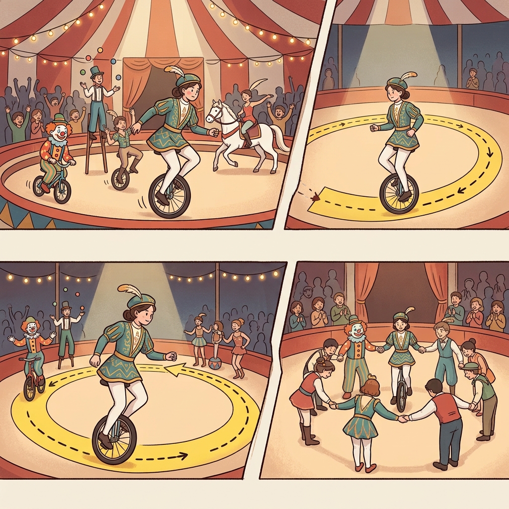 The circus performers completed the circuit and gathered in a giant circle.