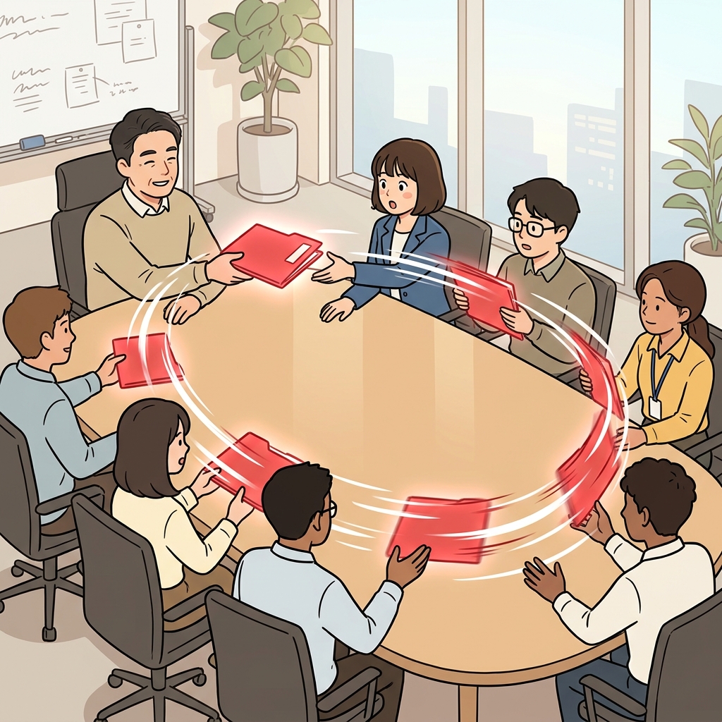 The manager handed out the red folder, allowing it to rapidly circulate around the meeting table.