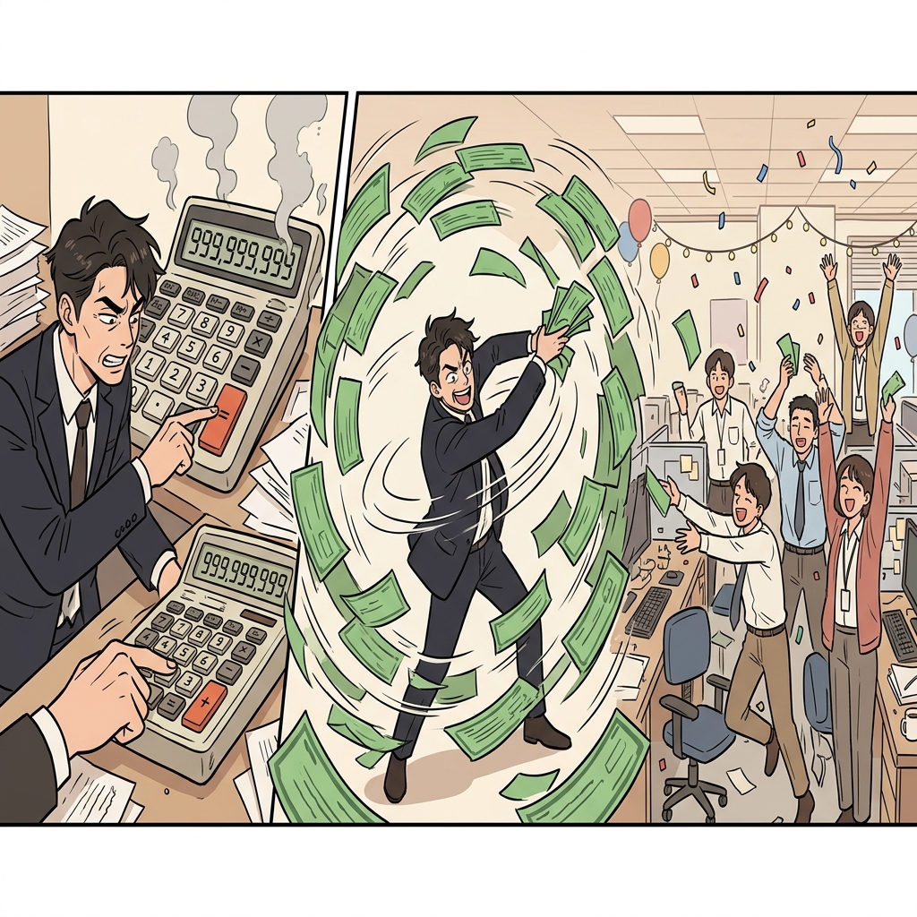 After he finished to calculate the massive profits, the boss began to wildly circulate the bonus checks, making everyone celebrate.