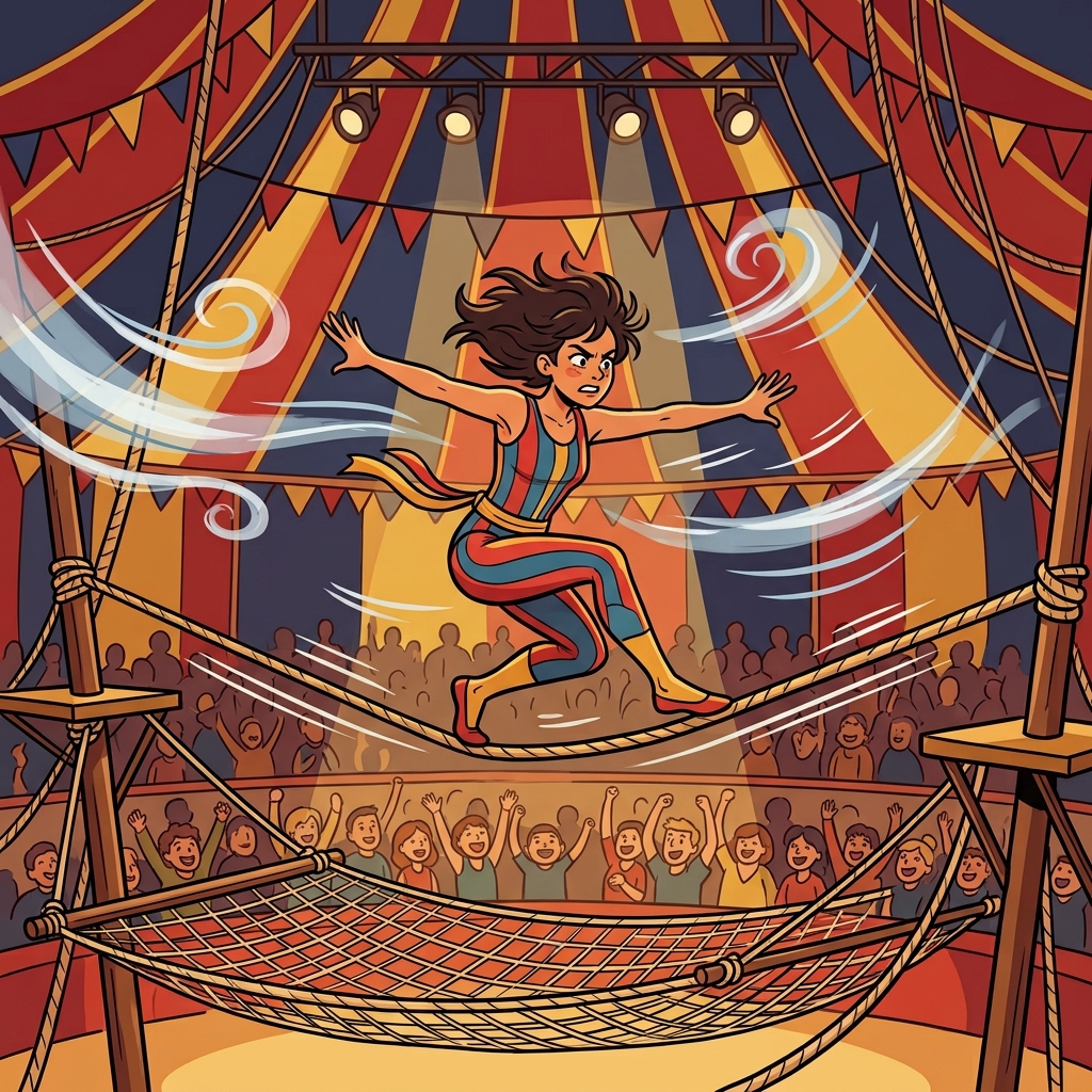 The circus performer changed her stance when the strong wind shook the tightrope. (CIRCUS + STANCE → a circus performer’s stance changes depending on the situation)