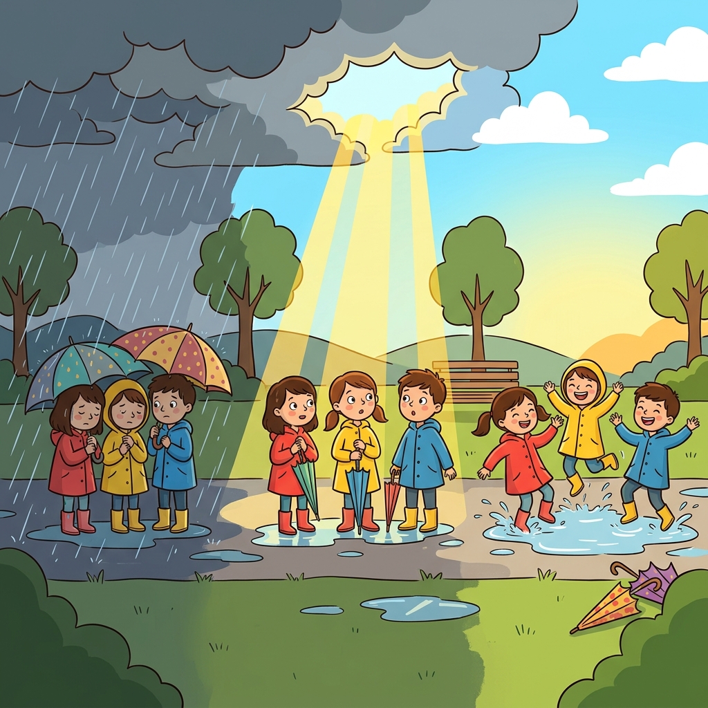 By chance, the rainy circumstance ended, and the children danced outside.