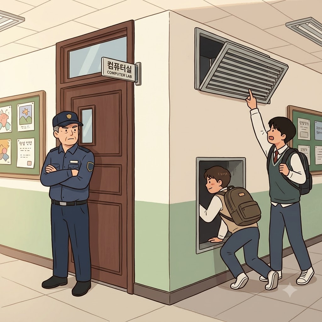 "써(cir) 컴(cum)퓨터실 벤트(vent/환풍구)를!" 교활한 학생들은 환기구를 기어가며 잠긴 문을 교묘히 우회하기로(circumvent) 했다.