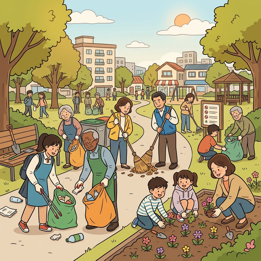 학생들은 마을을 깨끗하게 하기 위한 시민 봉사 활동에 참여했다.
