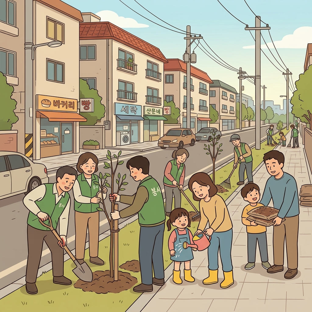 시민 봉사단은 도시 곳곳에 나무를 심었다. ("시빅? 시민!" → 시민들이 함께하는 활동)