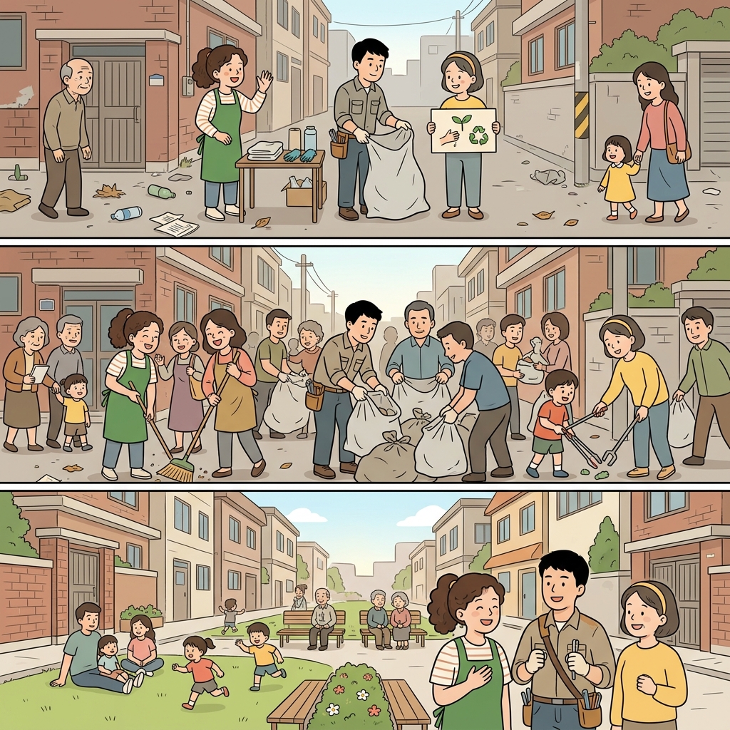 시민 의식이 높은 자원봉사자들은 공동체 정신이 살아 있는 마을을 만들었다.