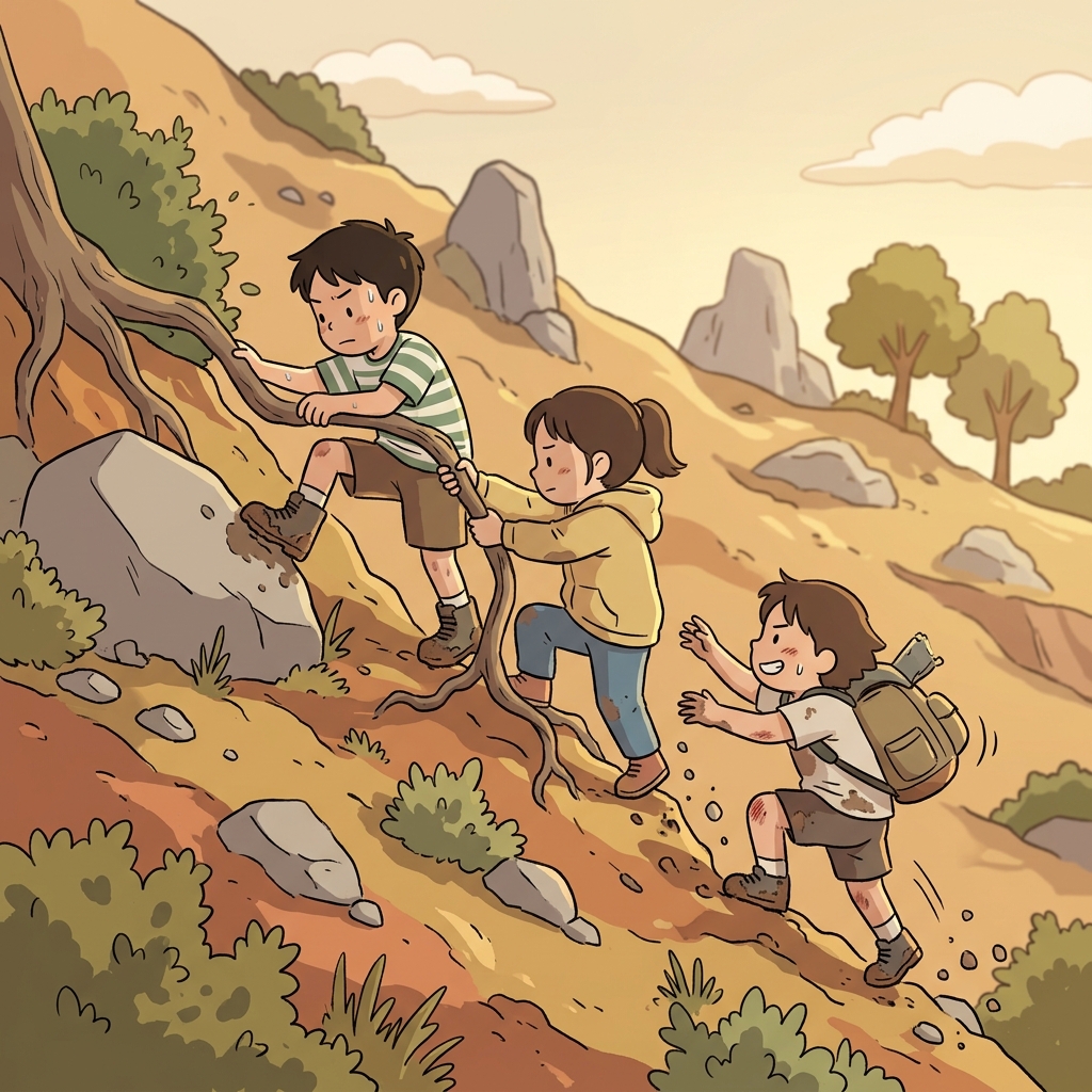 The kids clamber up the rocky hillside, gripping roots and pulling themselves higher.