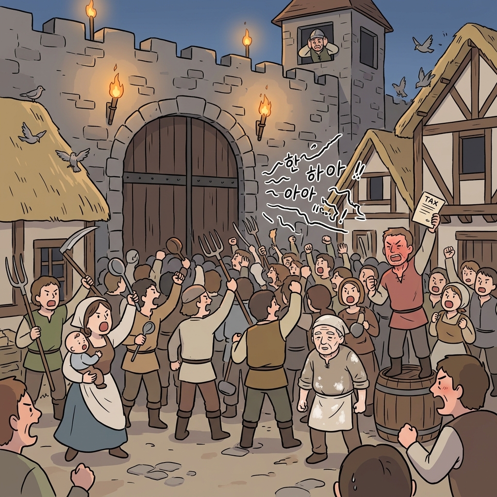 Angry villagers clamor outside the lord's gate, demanding lower taxes immediately.