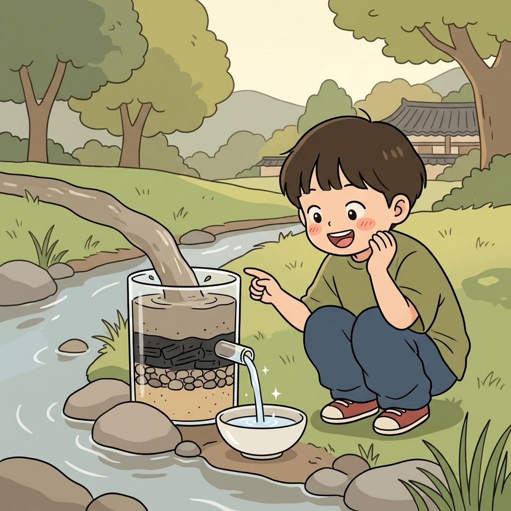 필터는 흙을 걸러내 흙탕물을 맑고 깨끗하게 만들었다. ("클리어(Clear)! 이제 맑아졌네!")