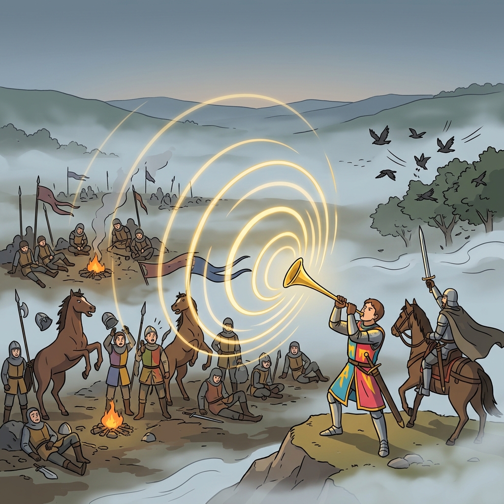 The general's clarion call rallied every soldier on the misty battlefield.
