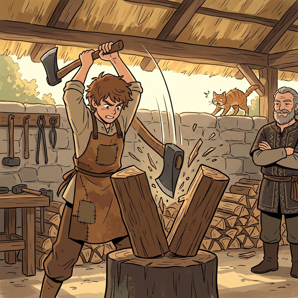 The blacksmith's apprentice tries to cleave a thick log with one mighty swing.