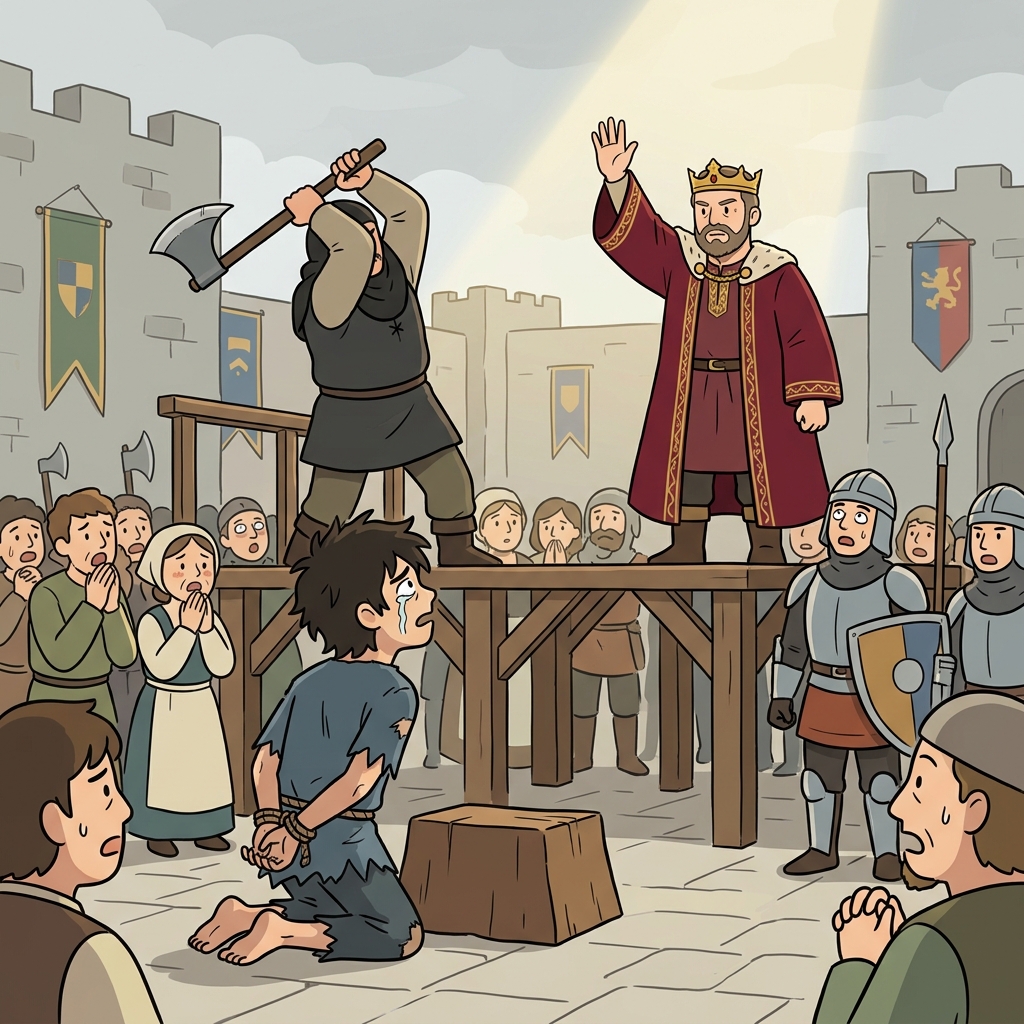 The king granted clemency to the kneeling prisoner, sparing his life before the crowd.