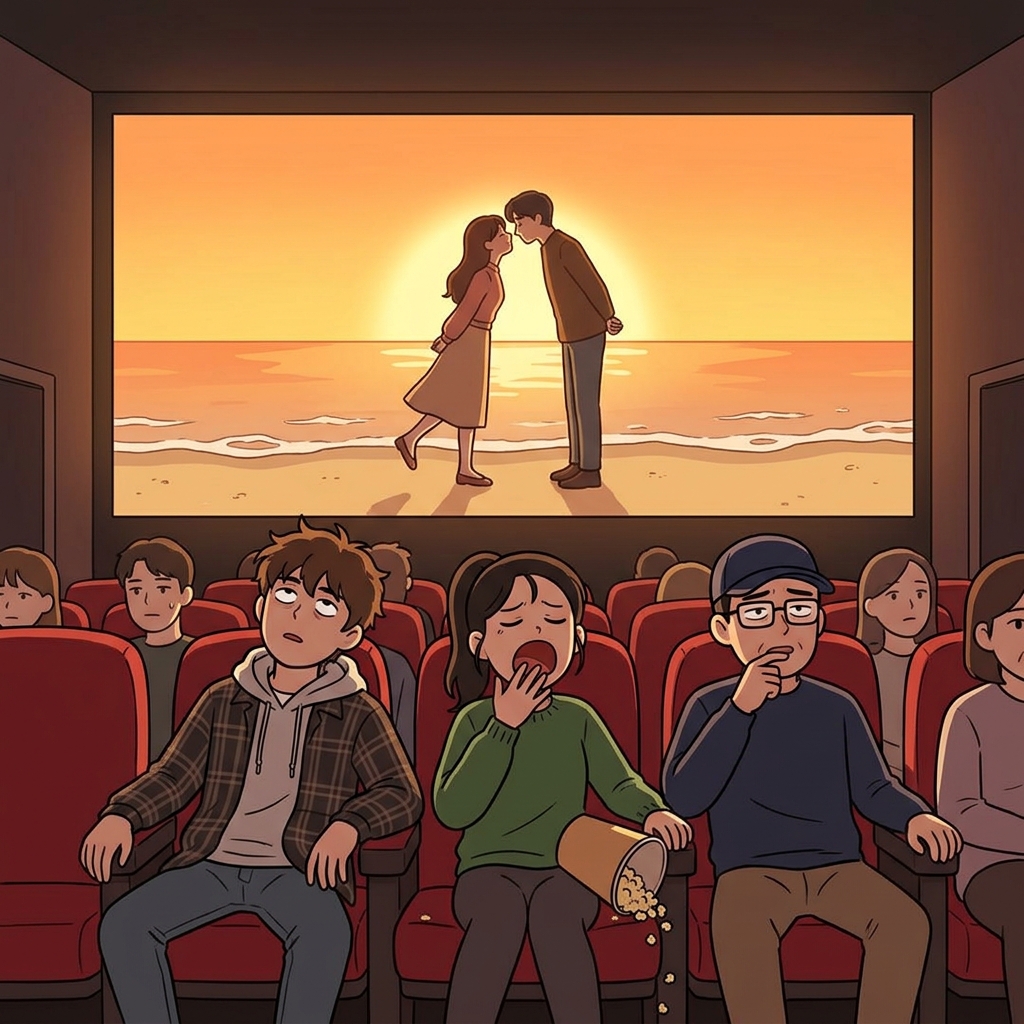 The romance movie ends with the cliche sunset kiss on the beach.