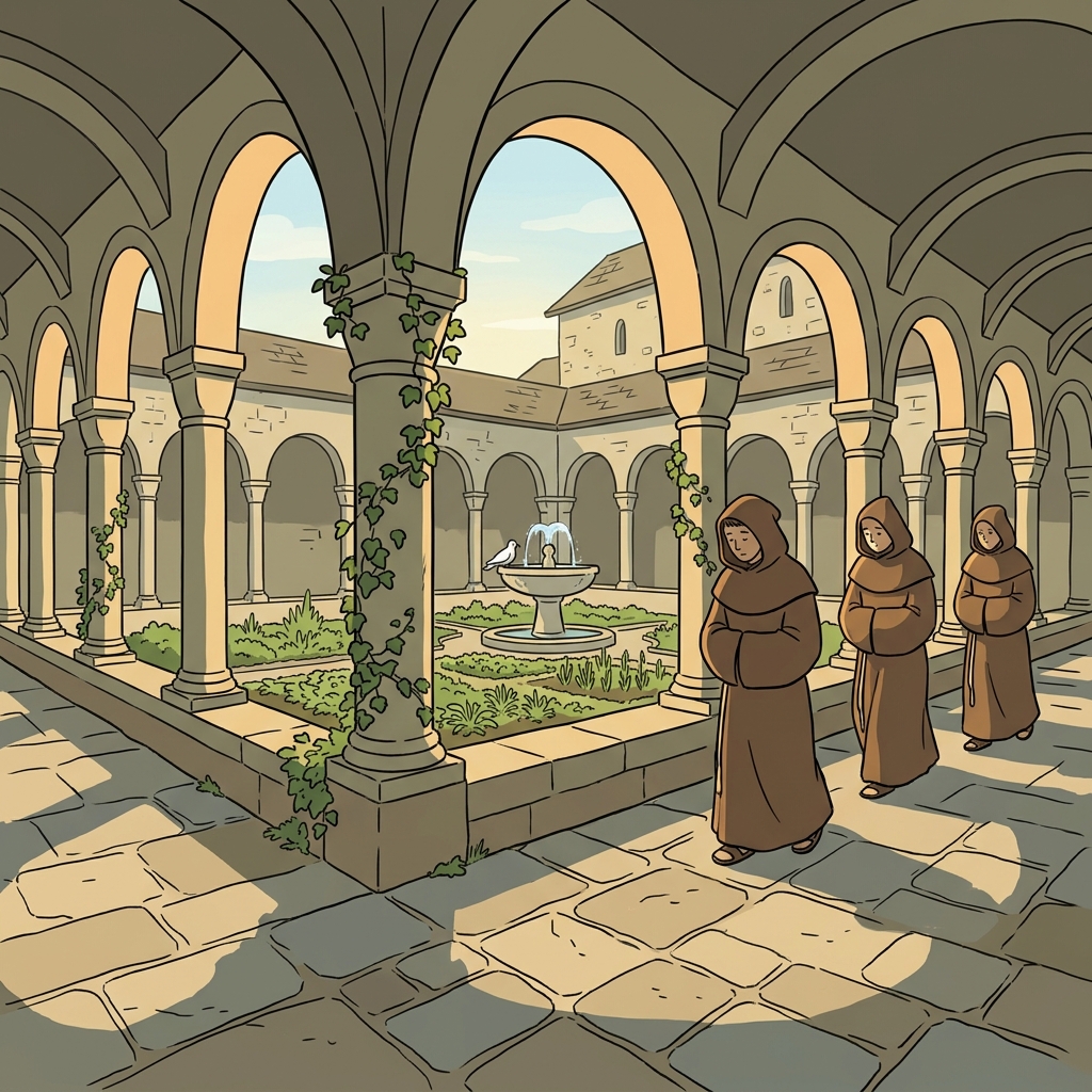 Monks walk silently through the cloister, hands folded, lost in prayer.