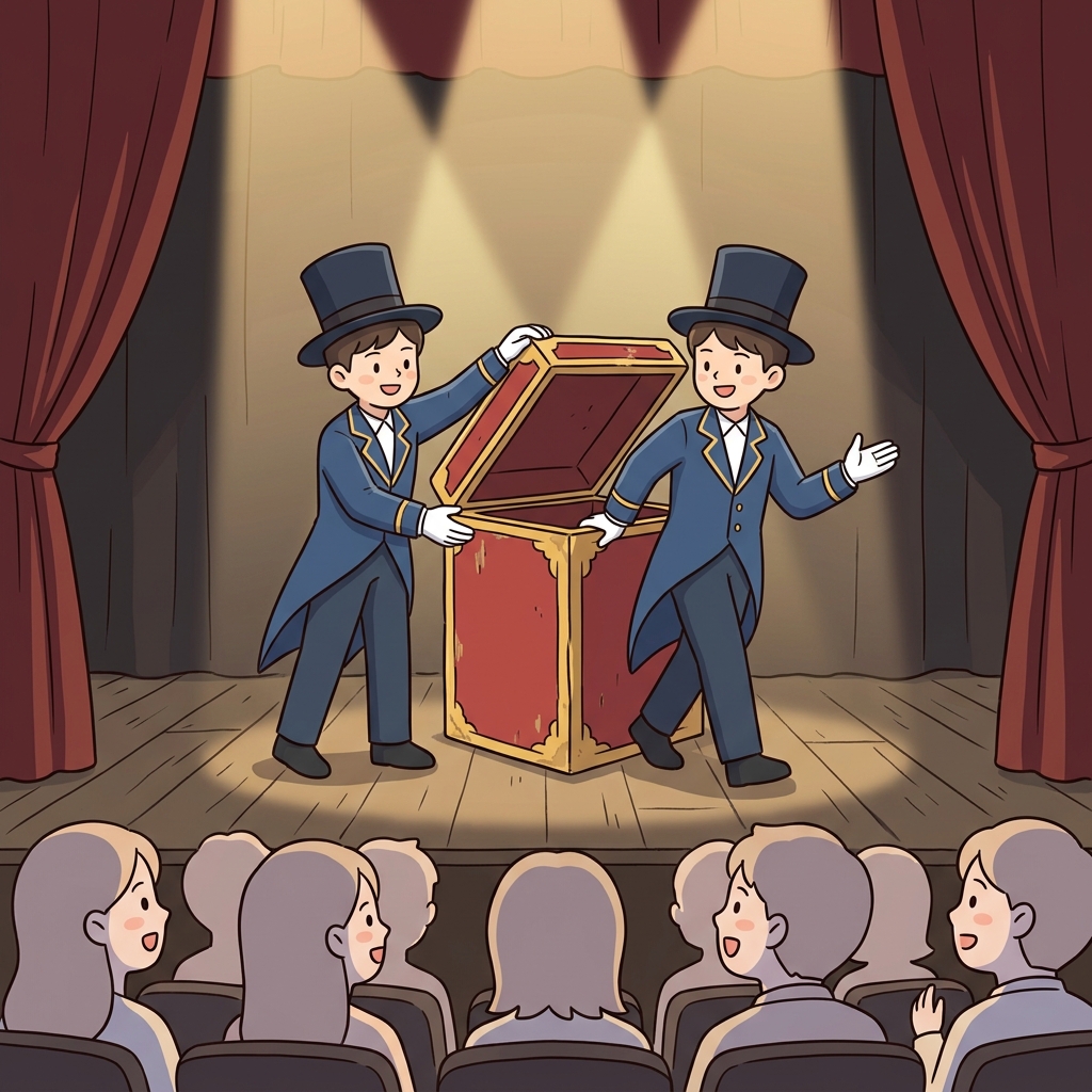 마술사는 무대 위에서 자신의 복제 인간을 등장시켰다.