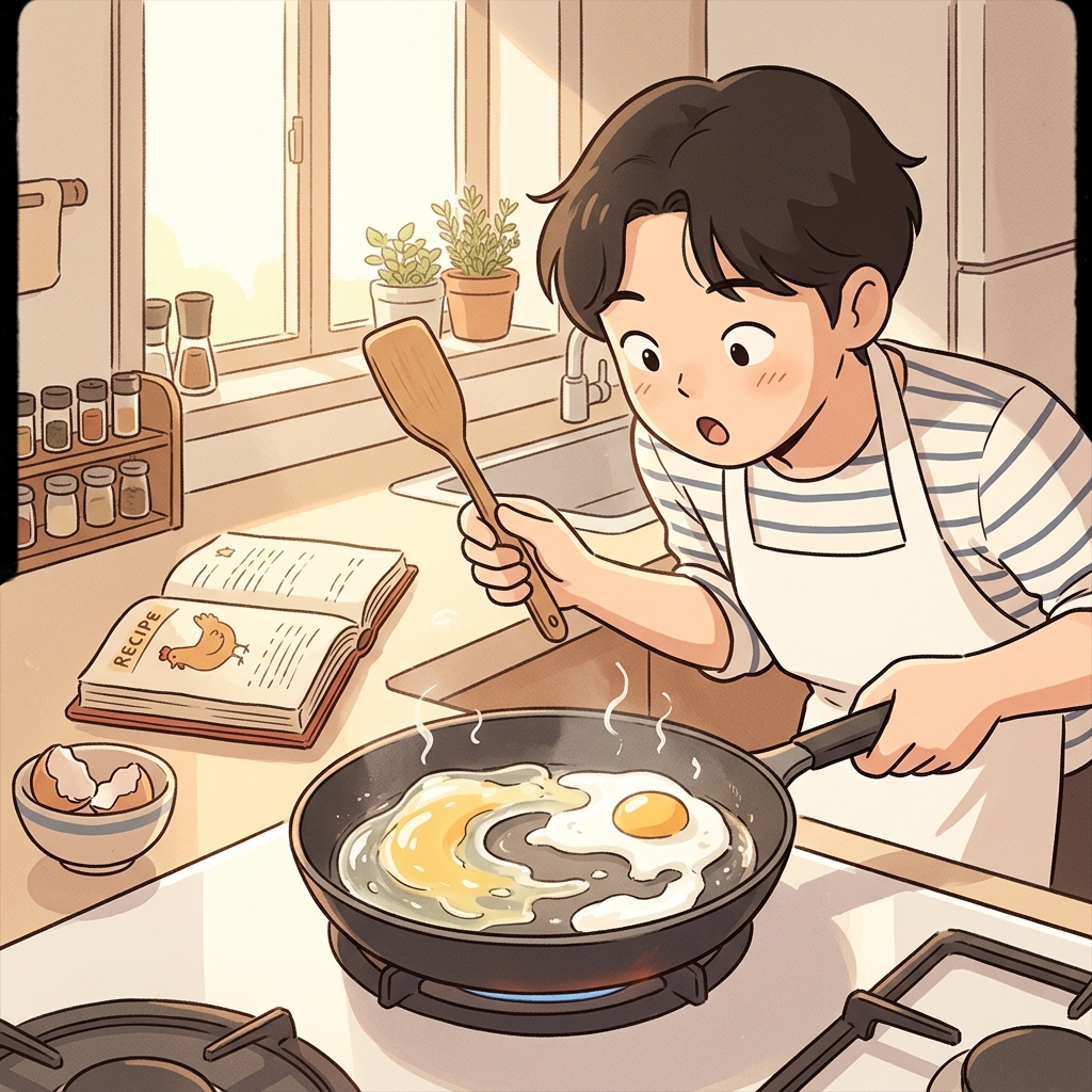 The chef watches the egg whites coagulate into firm white peaks in the pan.