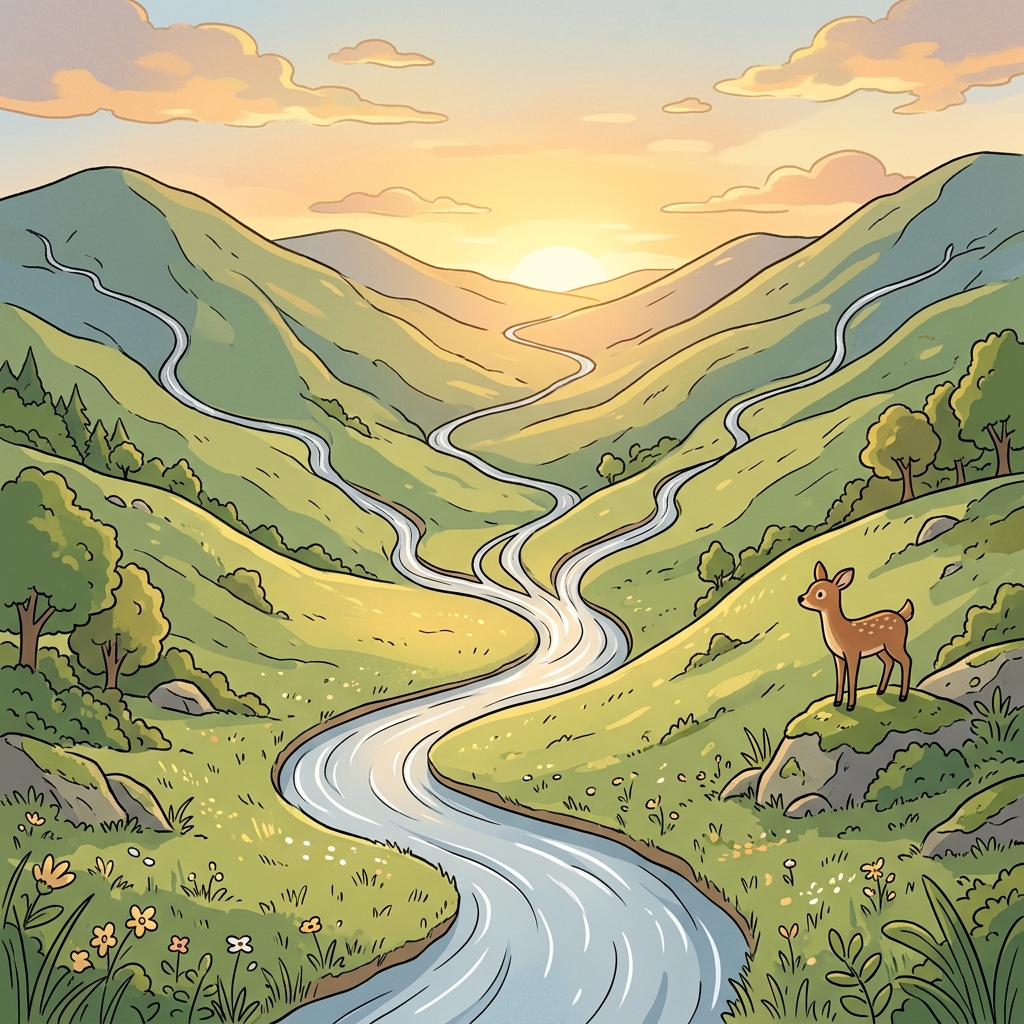 Small streams coalesce into one mighty river flowing through the valley.