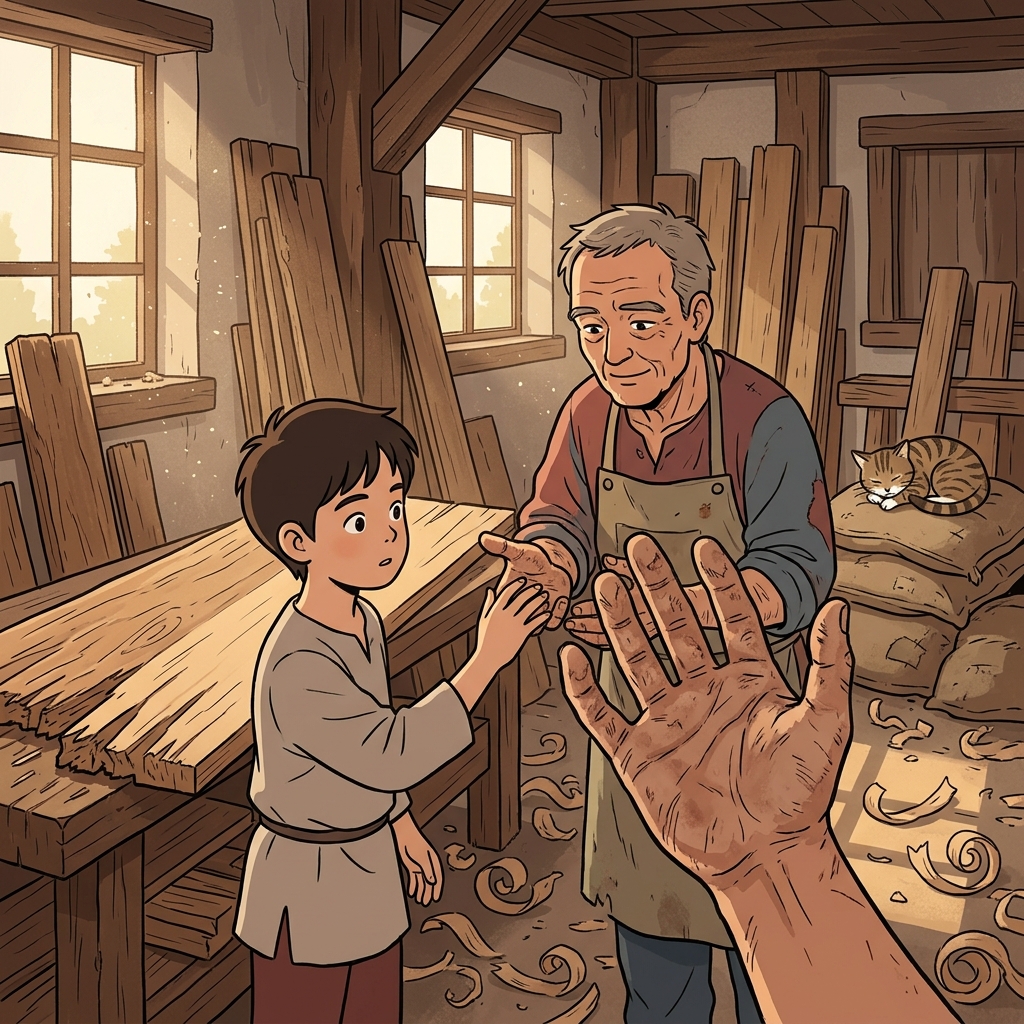 The carpenter's hands feel coarse after years of sanding rough oak planks.