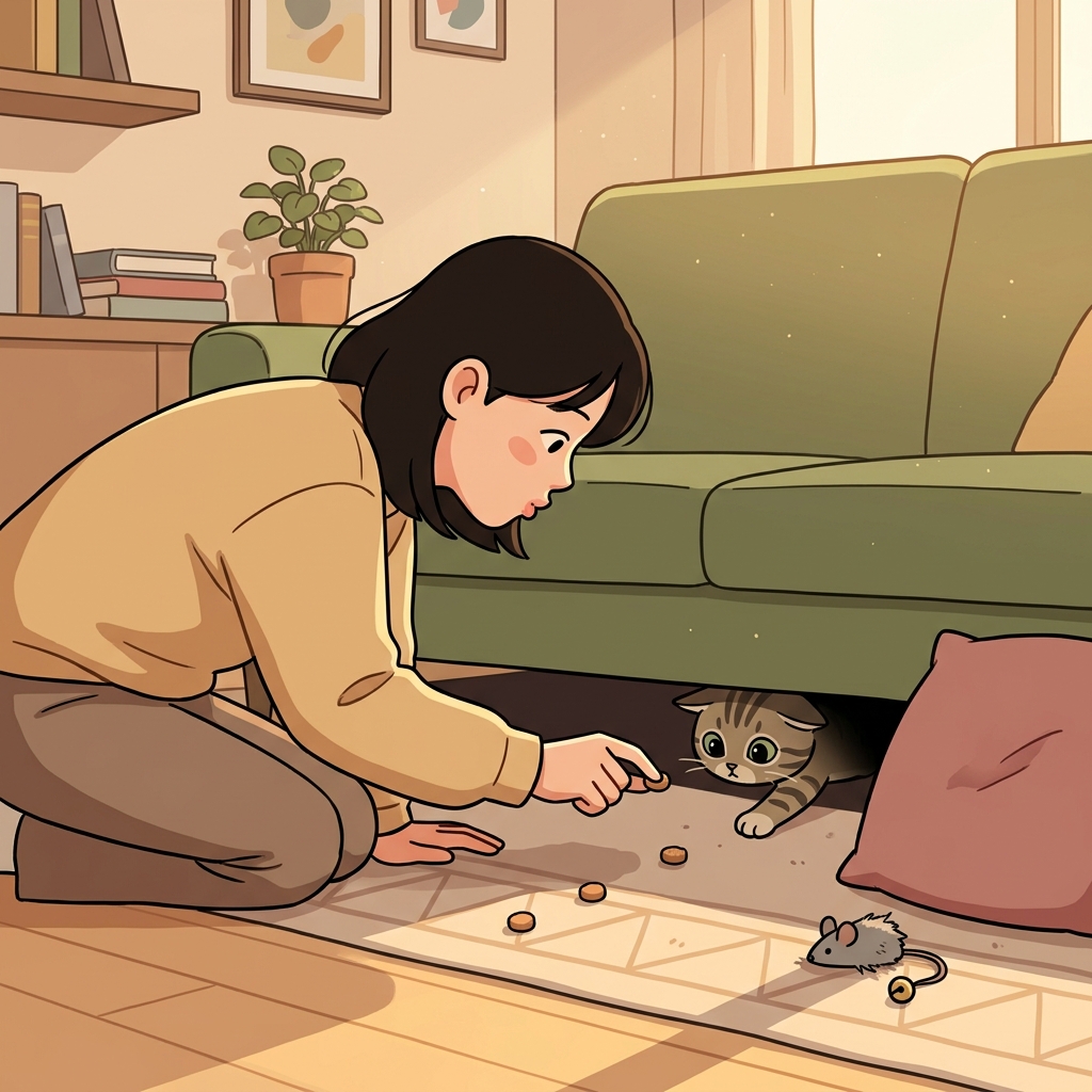 She tries to coax the shy kitten out from under the couch with treats.