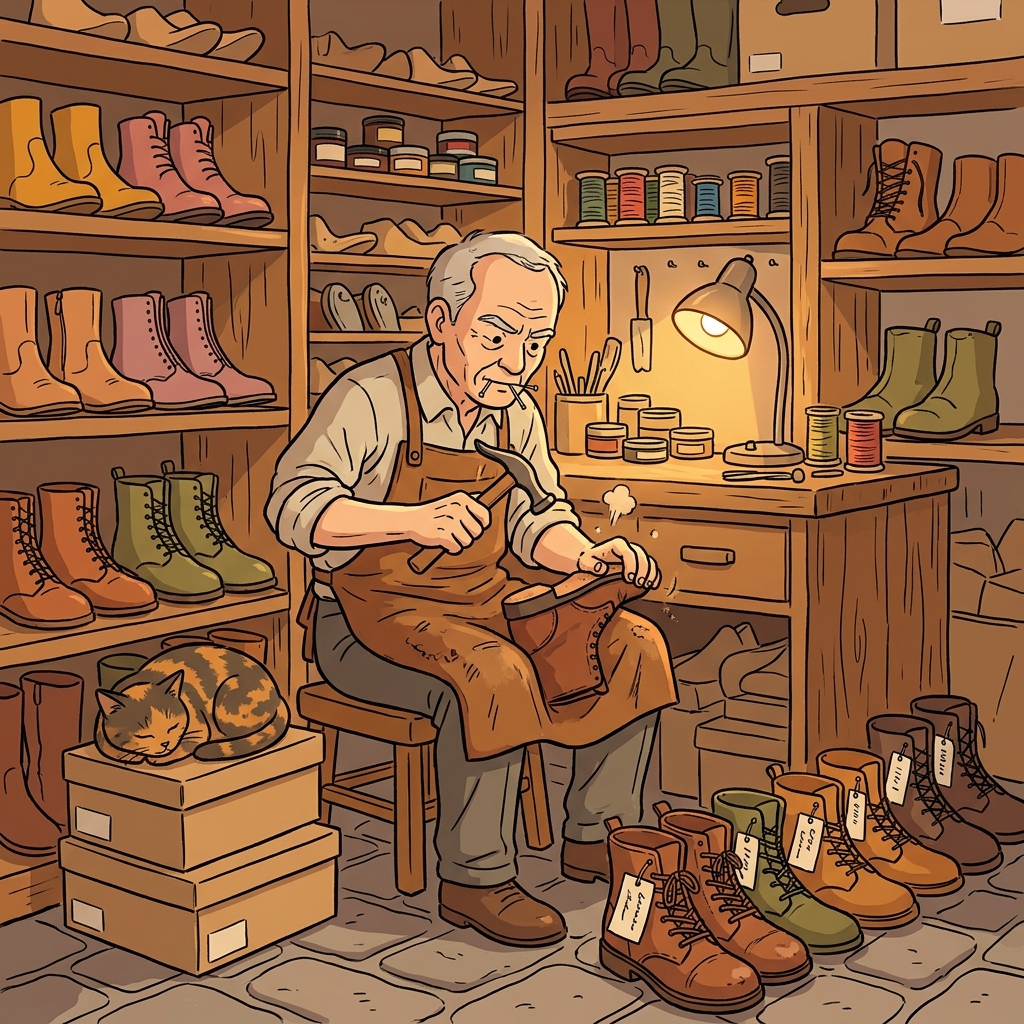 The old cobbler hammers a new sole onto a worn leather boot.