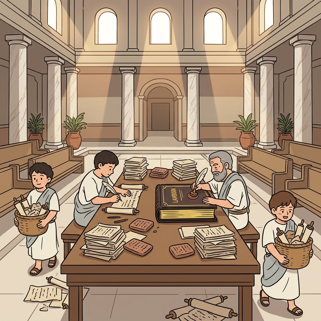 The senate scribes codify centuries of customs into a single official lawbook.