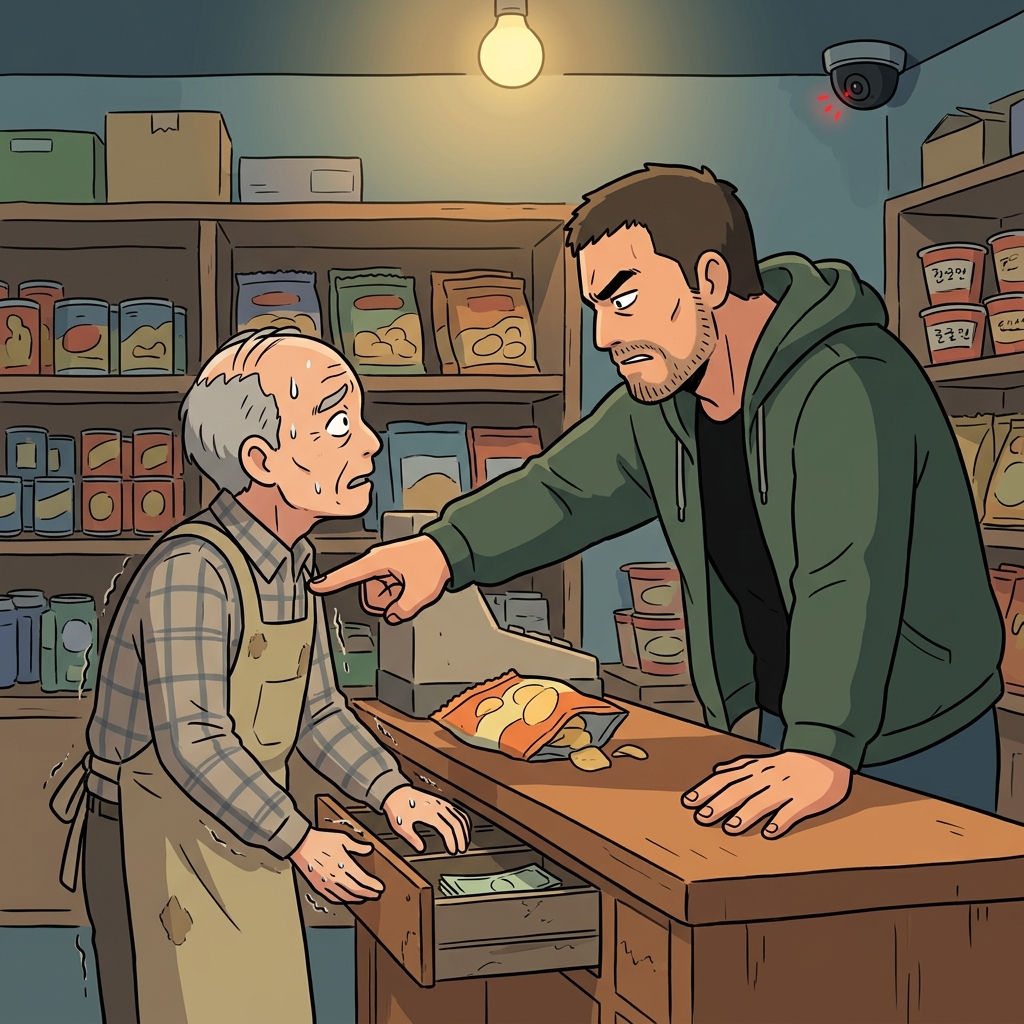 The thug tried to coerce the shopkeeper into handing over the cash.